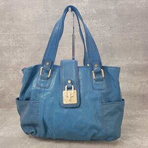 Michael Kors Tote Handbag Blue Leather Satchel Shoulder Bag Gold Hardware Hobo